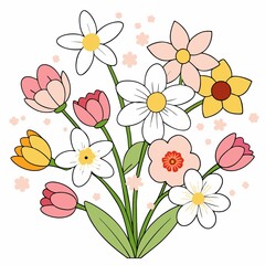 A cheerful bundle of cherry blossoms, tulips, and daffodils in soft pinks, yellows, and whites