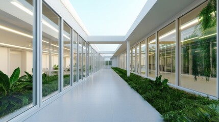 healthcare industry hospital global concept. Modern hallway with glass walls and greenery lining the sides.