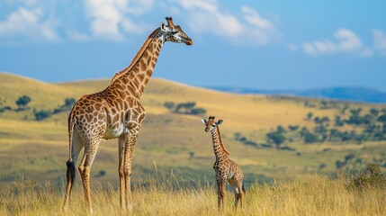 Fototapeta premium Adorable baby giraffe standing next to its mother with a bright African savannah in the background