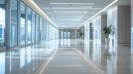 Obraz premium Bright and spacious hospital hallway with glossy floors, creating a welcoming and hygienic environment.