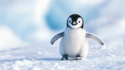 Adorable baby penguin waddling on the snow with a soft icy blue background
