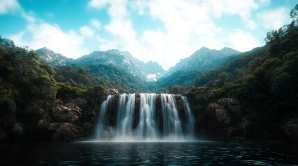 Fototapeta premium Majestic Waterfall Cascading into Mountain Lake Nature Scene