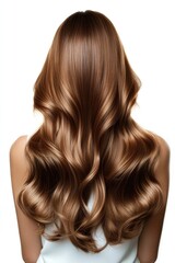 Fototapeta premium Flowing waves of glossy brown hair cascade elegantly down back,