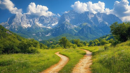 Winding mountain road, sunny meadow, picturesque valley