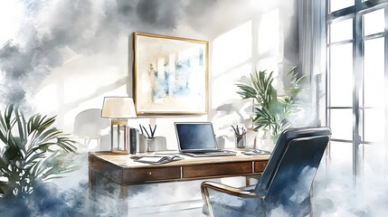 Fototapeta premium Serene Home Office Workspace Laptop Desk Chair Plants Sunlight