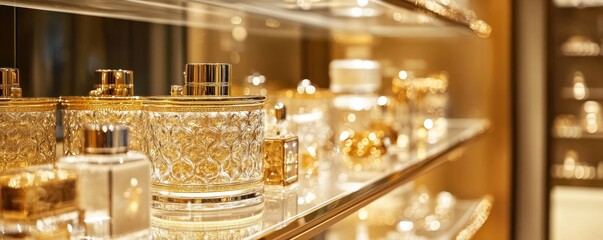 Ornate golden luxury merchandise display showcasing exquisite products in an elegant retail setting.