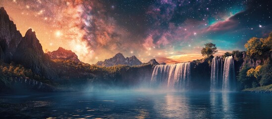 Vibrant cascading waterfall illuminated by a colorful sunset beneath a stunning Milky Way in a serene mountainous landscape.