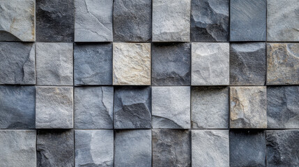 Textured stone wall featuring pattern of gray and beige tiles, showcasing natural variations and modern aesthetic. This design adds depth and character to any space