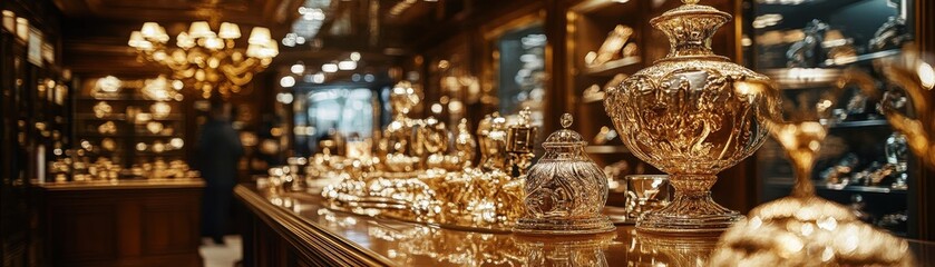 An inviting showroom showcasing an array of shiny, ornate luxury merchandise, perfect for discerning shoppers.