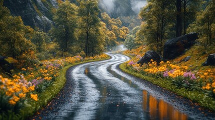 Winding road, autumn, rain, mountain flowers