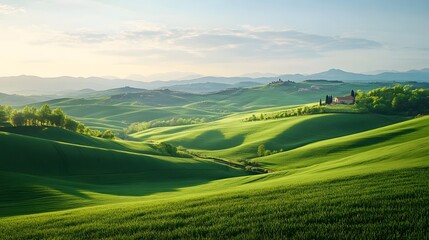 Serene Tuscan Countryside Rolling Green Hills Farmhouse and Lush Landscape