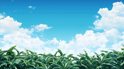 Obraz premium Bright Blue Sky With Fluffy White Clouds Over Lush Green Tropical Foliage