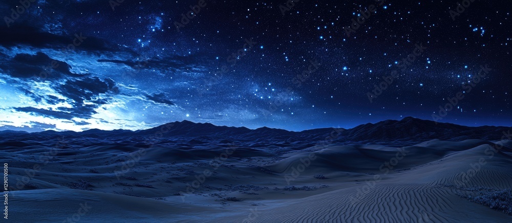 Wall mural desert landscape featuring rolling hills and dunes illuminated by a starry night sky with blue tones