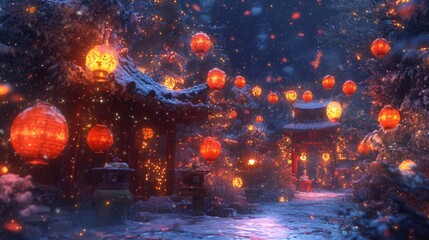 A magical Christmas snowfall with glowing lanterns, festive ornaments, and a warm glow.