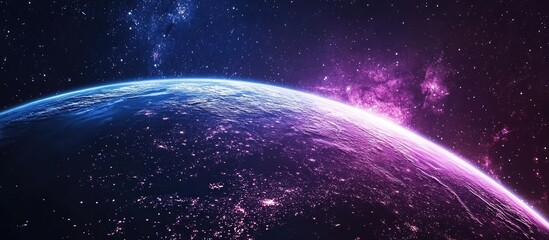 Obraz premium Vibrant cosmic landscape featuring a glowing Earth with purple and blue hues, stars sparkling in the dark expanse of space.