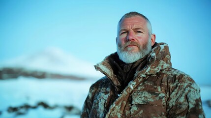 Obraz premium Man in Winter Snow Covered Landscape Arctic Cold Portrait