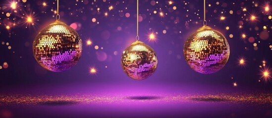 Disco-themed background featuring three hanging disco balls in gold against a vibrant purple backdrop with sparkling bokeh lights.