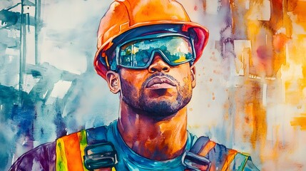 Powerful Portrait of a Construction Worker in Safety Gear Vibrant Watercolor Painting