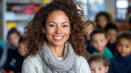Confident Female Teacher with Diverse Students in Background