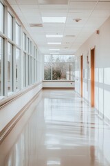 Obraz premium An empty hospital corridor featuring white walls and soft lighting, evoking a sense of calm and solitude.