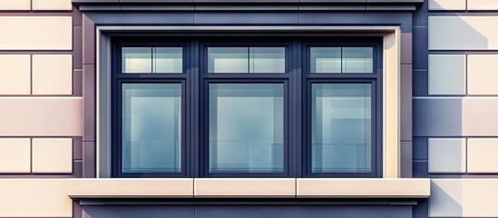Close up view of modern office building window showcasing gray frames and clear glass against beige brick wall background in urban setting.