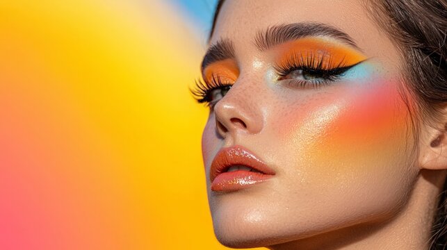Colorful Makeup  Woman Face Closeup  Bright Orange   Yellow Eyeshadow  Gradient Blush  Bea