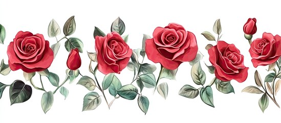 Red roses with green leaves arranged in a horizontal row on a white background showcasing petals and details in vibrant colors.