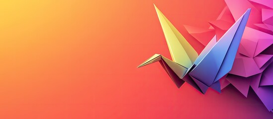 Colorful origami crane in pastel shades of blue, green, and pink positioned against a vibrant orange and pink gradient background
