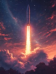 Fototapeta premium The spectacular sight of rocket launches in the night sky