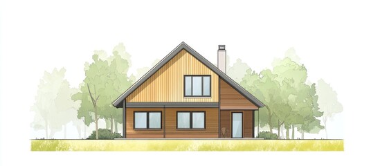 Fototapeta premium Modern wooden house illustration with sloped roof, large windows on the left and front, set against soft green trees on a white background.