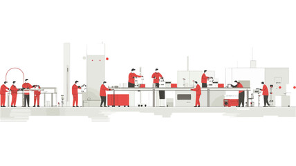 A stylized vector illustration depicting a simplified assembly line in a factory.  The illustration uses a flat design style with minimal detail. Workers in red uniforms are shown