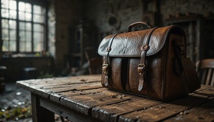 Vintage Brown Leather Messenger Bag on Rustic Wooden Table in Abandoned Building