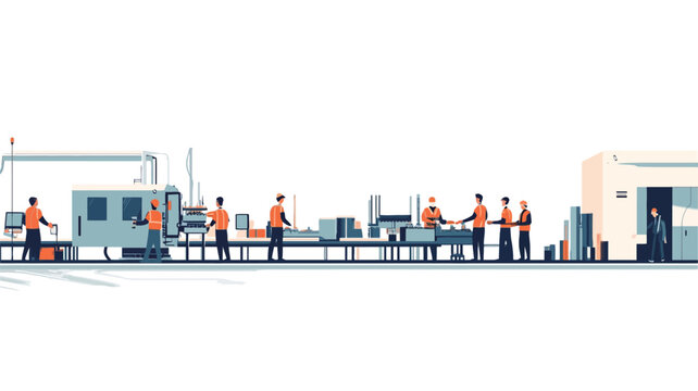 A stylized illustration depicting a long horizontal production line in a factory.  The illustration uses a flat design style with simplified shapes and limited color palette featuring