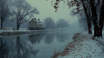 Winter canal house snowfall