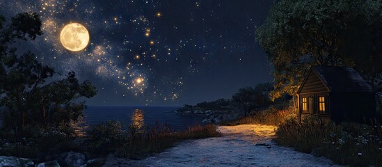 Naklejka premium Tranquil night scene showcasing a bright full moon casting soft light on a serene lakeside path surrounded by trees and a cozy cabin.