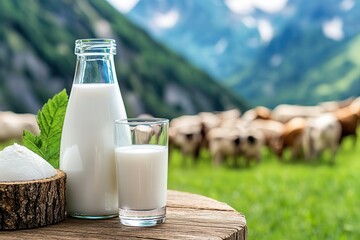 Organic milk from local farms ,support for local agriculture. Fresh milk in bottles with a scenic countryside backdrop of cows grazing.