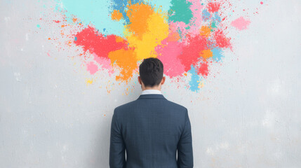 A man in a suit standing before a wall of colorful paint splashes reflecting creativity.