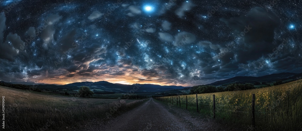 Wall mural panoramic view of a twilight sky with the milky way and the scorpius constellation illuminated over 