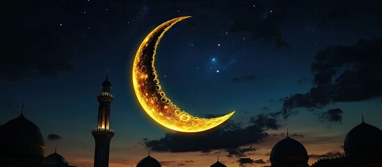 Naklejka premium Golden crescent moon illuminated against a deep blue night sky with stars and silhouette of mosque domes and minarets for Ramadan celebration