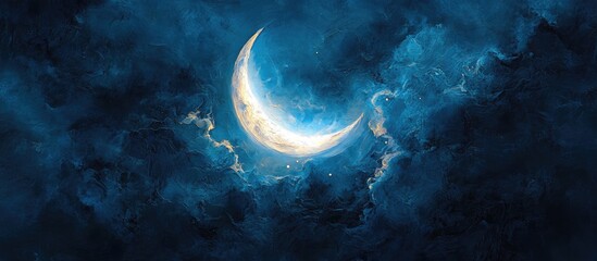 Fototapeta premium Crescent moon glowing softly in a deep blue night sky surrounded by wispy clouds creating a serene and mystical atmosphere.