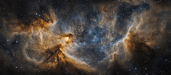 Obraz premium Stunning astrophotography of colorful cosmic nebula against a deep black starry sky with swirling patterns in shades of blue, orange, and brown