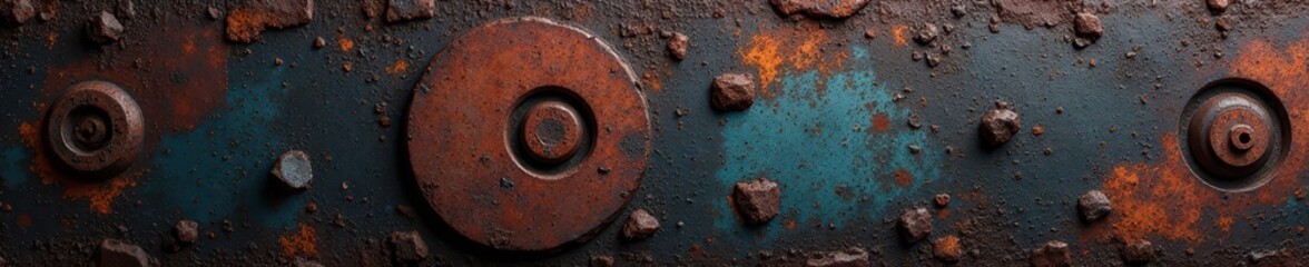 Panorama of dark, heavily textured rusty metal and stone , vintage, iron corrosion