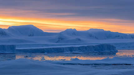 Obraz premium Breathtaking Antarctic landscape featuring majestic snow-capped mountains, floating icebergs, and a tranquil ocean reflecting the deep blue sky, capturing the untouched beauty of the frozen wilderness