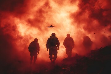 Fototapeta premium Dramatic Military Operation Scene with Soldiers and Drone in Fiery Smoke