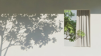 Lovely shadow on a white wall from tree leaves and a window. For presentation, use a straightforward, minimalistic natural background.