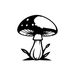 Stylized mushroom illustration in black and white, featuring a flat, simplified style with minimal details.