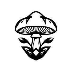 A stylized black and white illustration of a mushroom with an upside-down crescent and a floral design.