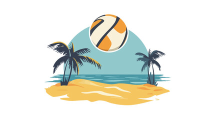A stylized illustration depicting a beach volleyball scene.  The image features a stylized volleyball positioned centrally against a light blue circular background suggesting a sky.  Two