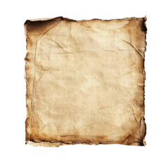 Fototapeta premium A aged, textured parchment resembling an ancient manuscript or document with worn edges, isolated on white background.