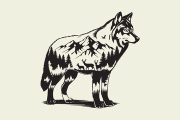 Wild Wolf and Nature Fusion Art vector